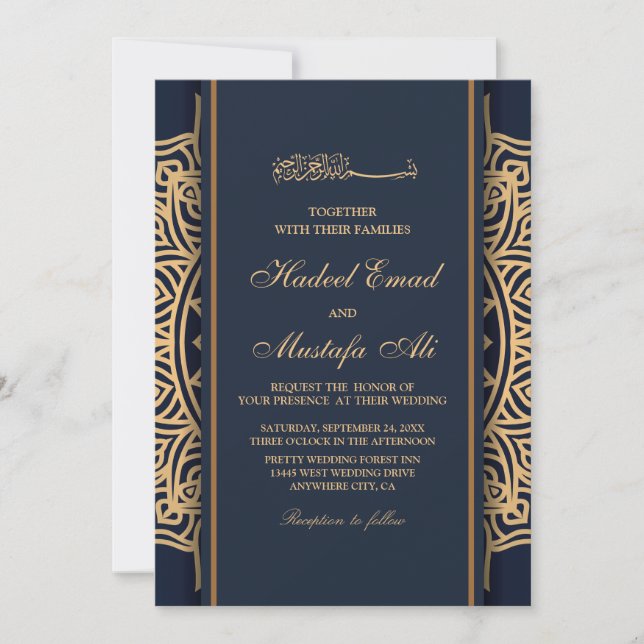 patrón oro nikah musulmán invitación a la boda (Anverso)