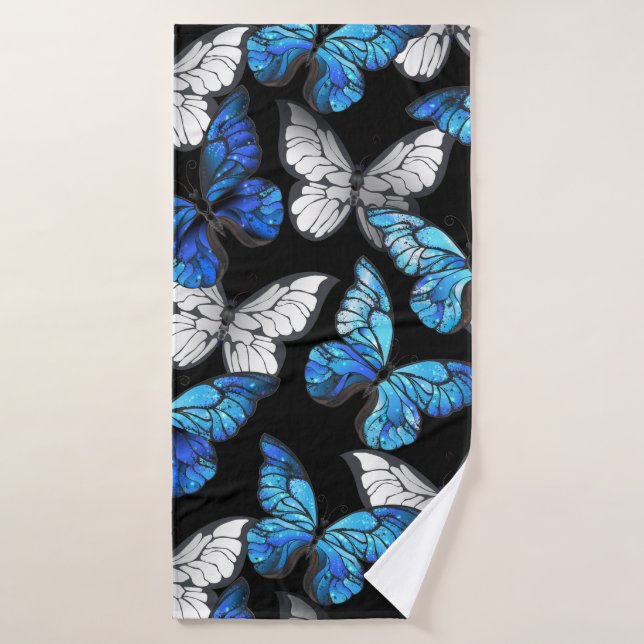 Patrón oscuro sin foco con mariposas azules morfo (Toalla de baño)