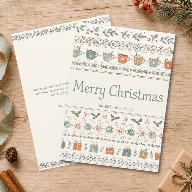 Patrón personalizado de Feliz Navidad (cozy cute hygge holly mistletoe merry christmas holiday card with custom family name and message)