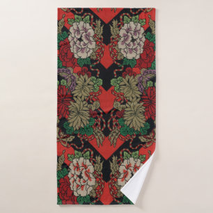 Patrón Rojo Negro Floral Japonés Vintage Peonía