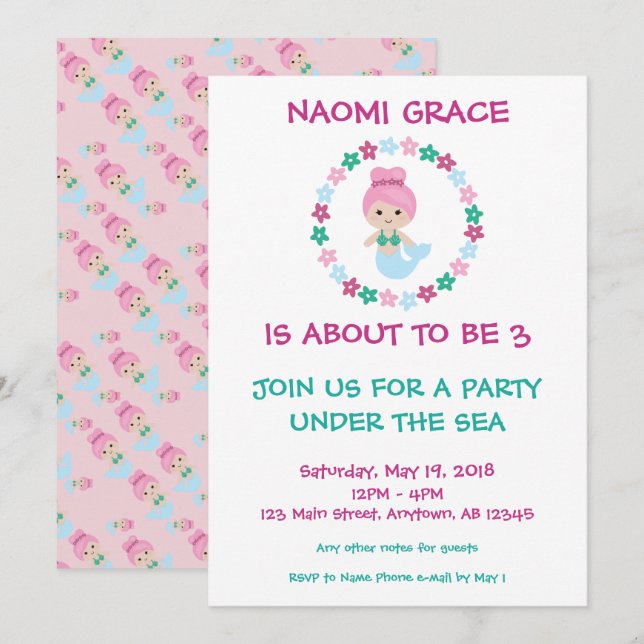 Patrón rosa de invitación a cumpleaños de sirena (Anverso / Reverso)