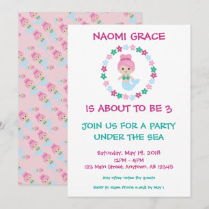 Patrón rosa de invitación a cumpleaños de sirena