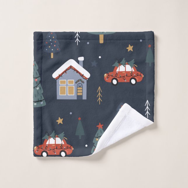 Patrón sin fisuras con árbol de navidad, auto (Toallita)