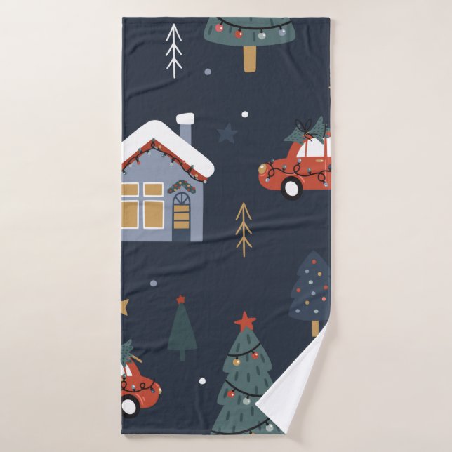 Patrón sin fisuras con árbol de navidad, auto (Toalla de baño)