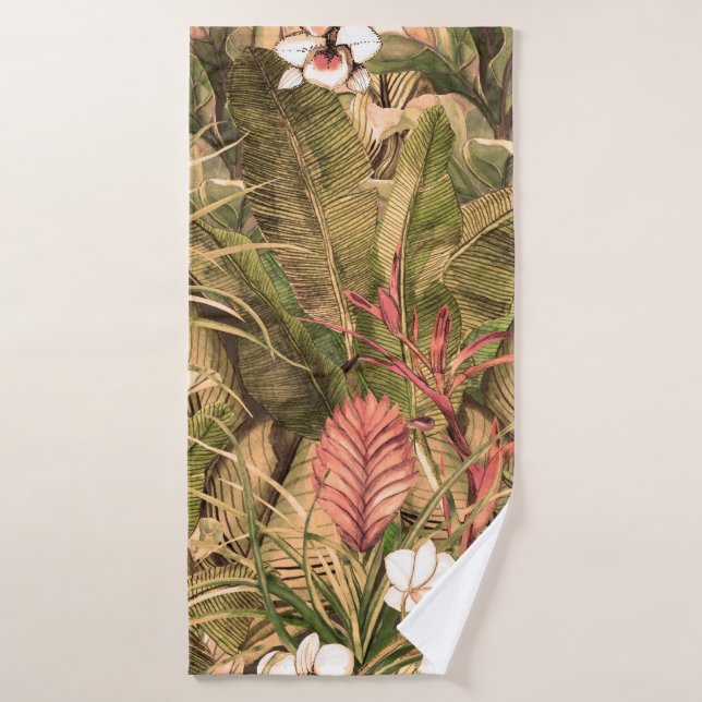 Patrón sin foco con hojas y flores tropicales. (Toalla de baño)