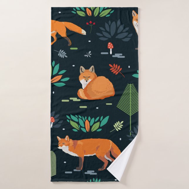 Patrón sin foco con zorros, árboles, hojas, hongos (Toalla de baño)