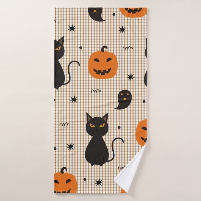 Patrón transparente de Halloween con gato negro y  (Toalla de baño)