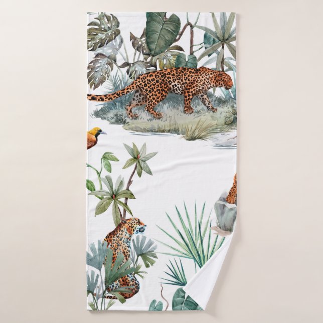 Patrón tropical acuarela con un animal leopardo, (Toalla de baño)