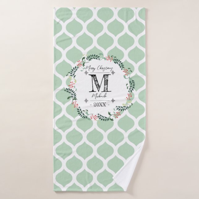 Patrón verde Feliz Navidad Wreath Monograma (Toalla de baño)