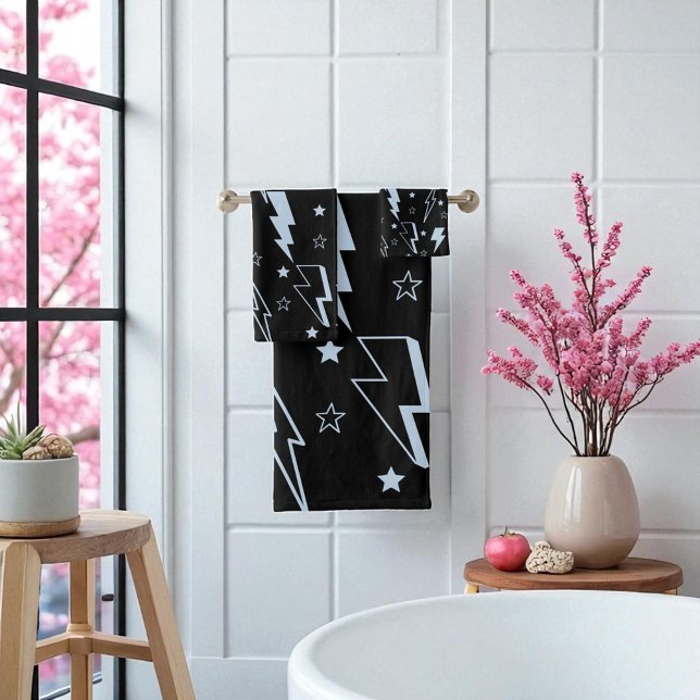 Patrón Y2K de fondo negro azul Lightning (Blue Lightning Black Background Y2K Pattern Bath Towel Set)