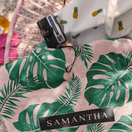 Patrón y nombre de hojas de palma verde y rosa tro