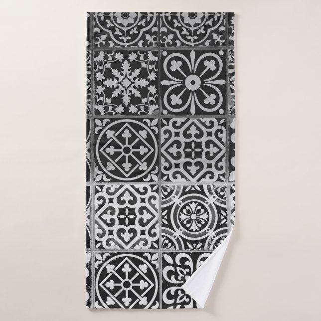 Patrones de damasco en blanco y negro (Toalla de baño)
