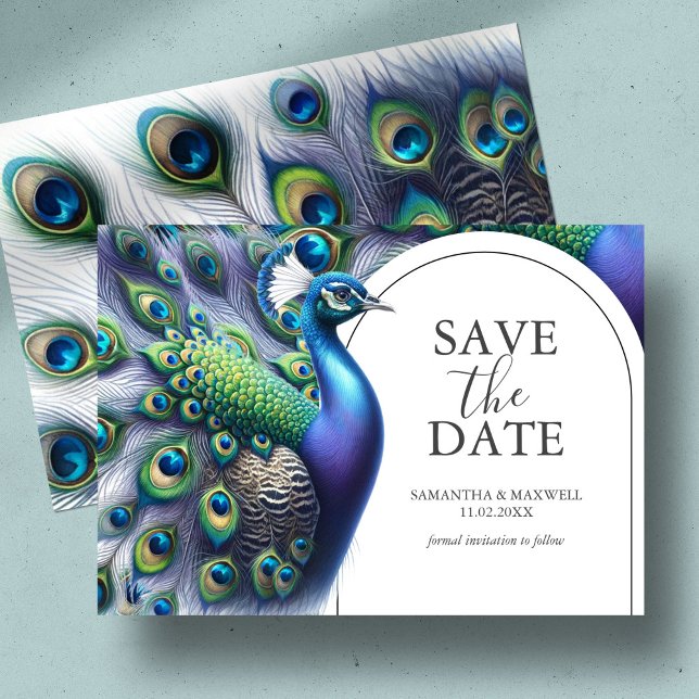 Pavo De Agua Guardar La Invitación De Fecha (Save the date card with watercolor peacock and feathers in shades of royal blue, green and purple)