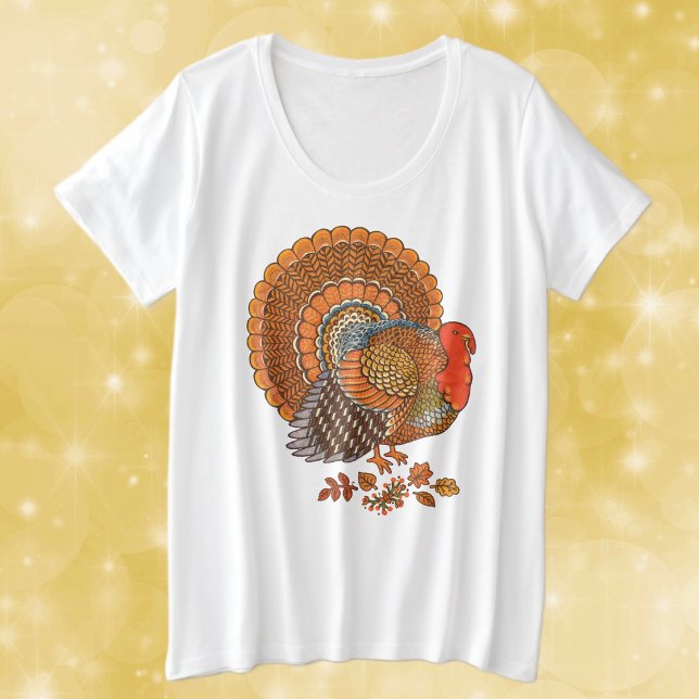 Pavo Macho de Acción de Gracias Abanico de Cola Co (Male turkey fanned tail brown orange feathers with Autimn leaves on womans plus size tee shirt.)
