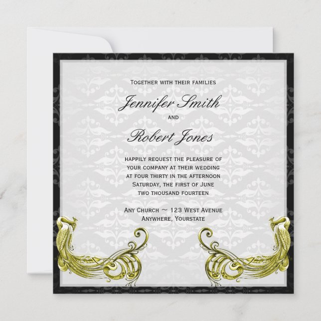 Pavo real dorado en la invitación a la boda de Dam (Anverso)