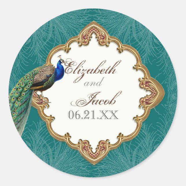 Pavo Real Dorado y Swirls - Pegatina o sello Boda (Anverso)