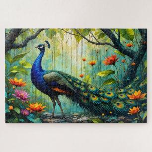 Pavo real en un rompecabezas de jungla floral