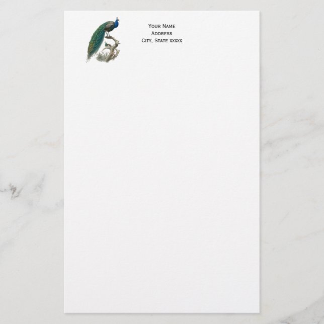 Pavo real en una rama papel de escribir (Anverso)
