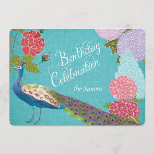 Pavo real floral en cola azul invitación a cumplea