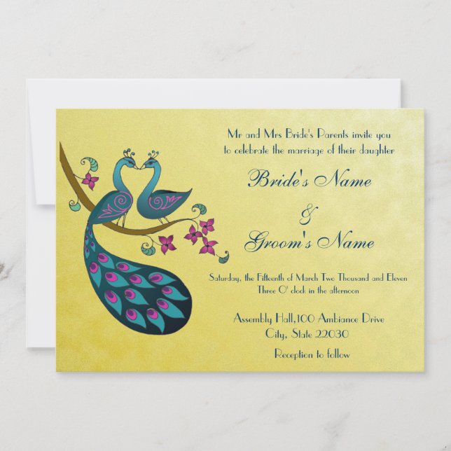 Pavo real - invitación de la boda de Peahen, (Anverso)