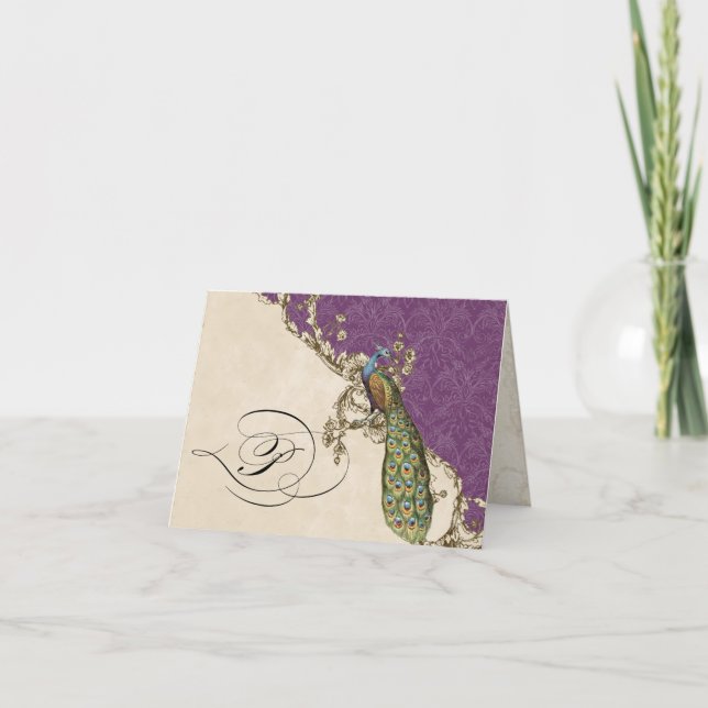 Pavo Real Vintage 1 Monogramado Notecard Inicial - (Anverso)