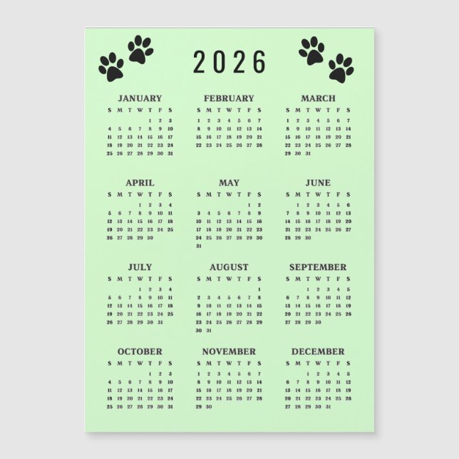 Paw Prints Design 2026 Calendar Magnetic Card (Anverso)
