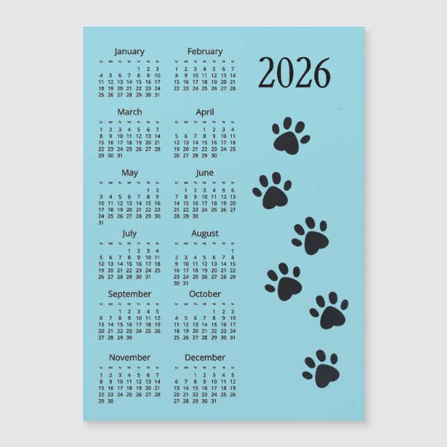 Pawprints Design 2026 Calendar Magnetic Card (Anverso)
