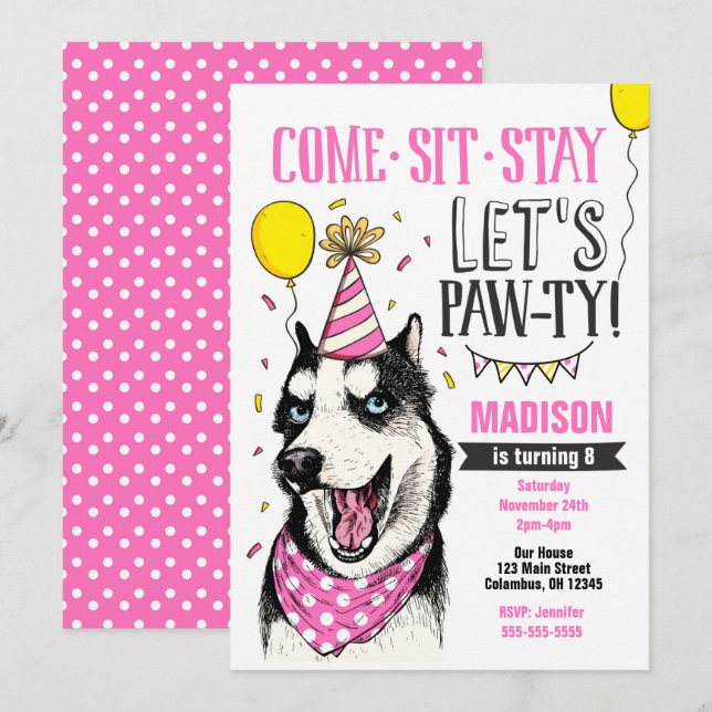 Pawty Birthday Invitación Perro cachorro Husky Chi (Anverso / Reverso)