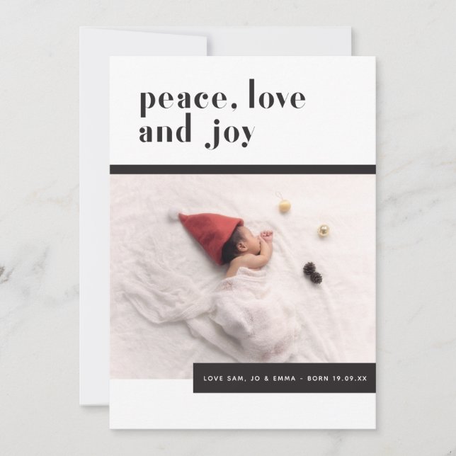 Paz, Amor, Alegría Bebé Primera Tarjeta de Navidad (Anverso)