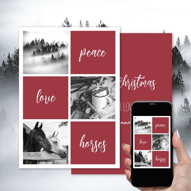 Paz amor caballos Amante de los caballos Navidad F (Peace, love, horses, personalized horse photo Christmas card, modern, elegant. Download or print.)