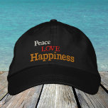 Paz, amor, felicidad bordada gorra de béisbol<br><div class="desc">Gorras bordados: Lemas clásicos de la gorra de béisbol de moda con el texto "Paz,  amor,  felicidad"</div>