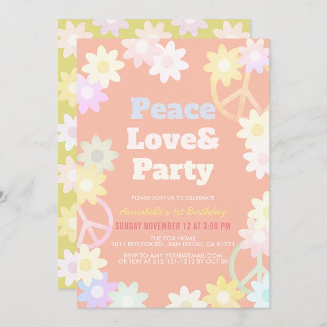 Paz Amor y Fiesta Rosa Invitación de primer cumple (Anverso / Reverso)