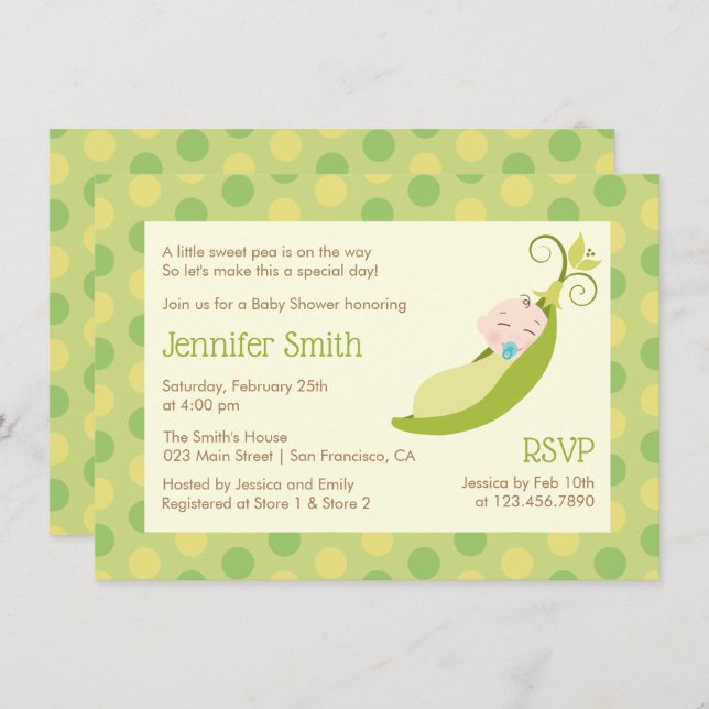 Pea en una invitación a Baby Shower Neutral para P (Anverso / Reverso)