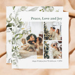 Peace Love Joy Berry deja tarjeta de vacaciones de<br><div class="desc">La tarjeta de vacaciones de Navidades de fotografía moderna incluye el saludo de Paz,  Amor y Alegría con fotos y bayas botánicas y hojas.</div>