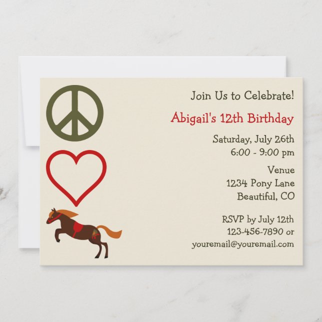 Peace Love Ponies Invitación de cumpleaños para Ch (Anverso)