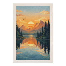 Peaceful Alpine Lake Sunset Retro Travel Poster