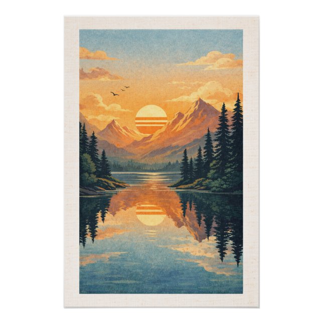 Peaceful Alpine Lake Sunset Retro Travel Poster (Anverso)