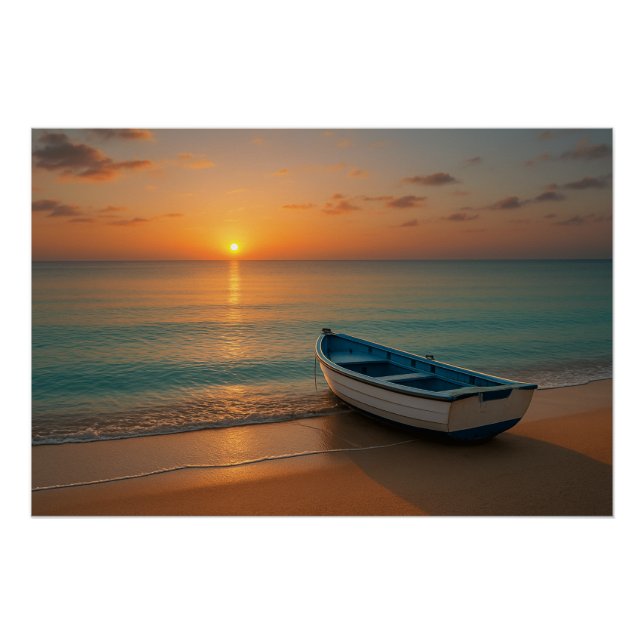 Peaceful Golden Sunset with Boat on Beach Poster (Anverso)