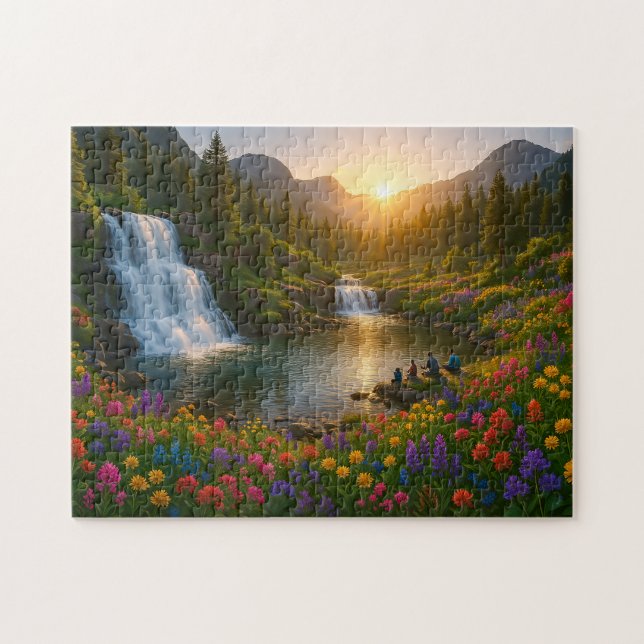 Peaceful Mountain Waterfall Puzzle with Sunrise  (Horizontal)