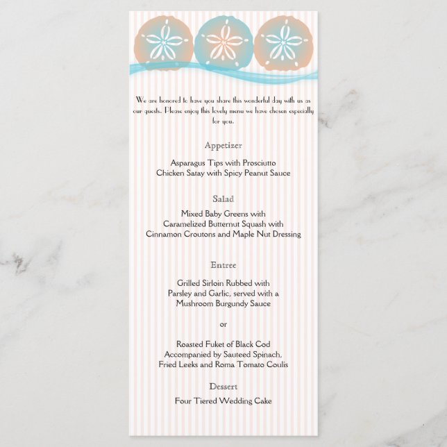 Peach and Blue Sand Dollars Beach Wedding Menu (Anverso)