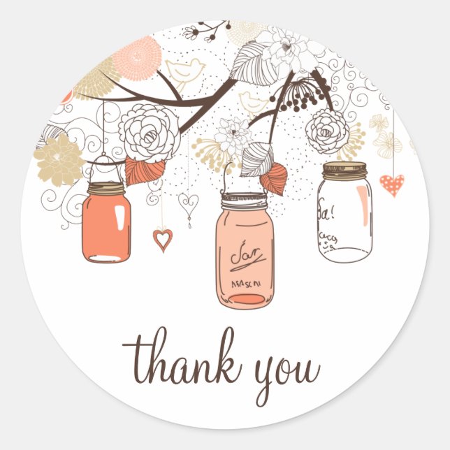 Peach and Gold Mason Jars Spring Gracias Pegatina (Anverso)