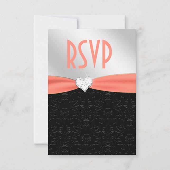 Peach Black Floral Damask Diamond Heart RSVP (Anverso)