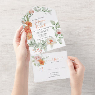 Peach Floral Boda Todo En Una Invitación