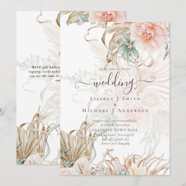 Peach Floral Pampas Grass BOHO Invitación a la bod (Anverso / Reverso)