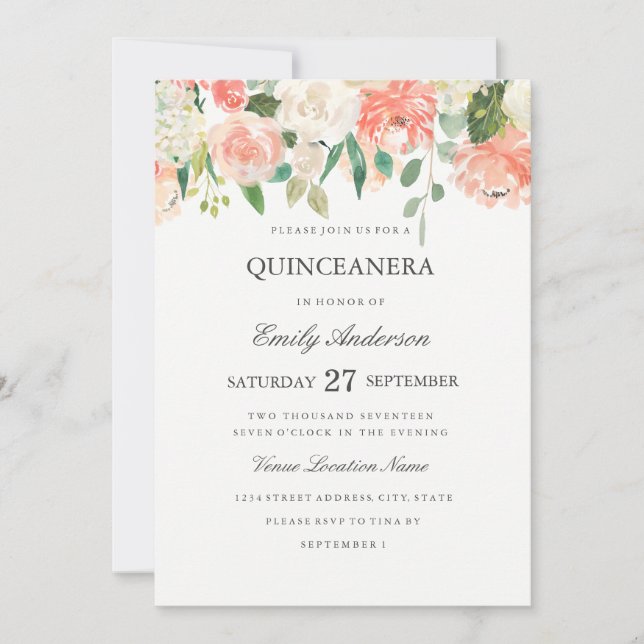 Peach Floral Watercolor Quinceanera Invitación (Anverso)