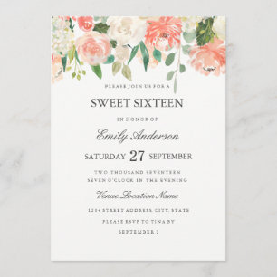 Peach Floral Watercolor Sweet Dieciséis Invitacion