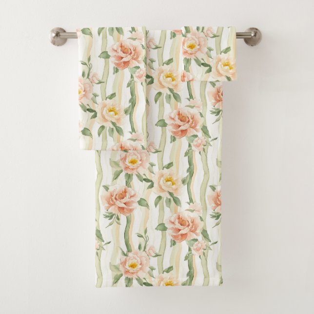 Peach Mint Roses Floral Stripes   (In situ)
