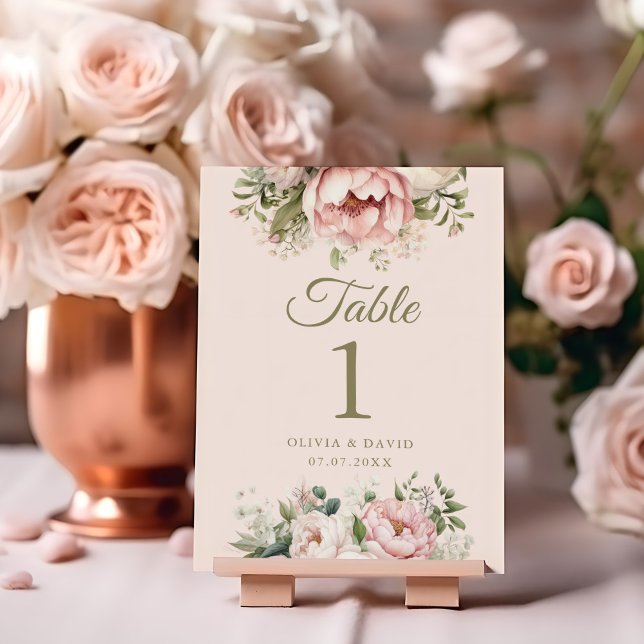 Peach pálido y número de tabla Boda rosa Rubor (Pale Peach and Blush Pink Wedding Table Number on blush and copper wedding table.)