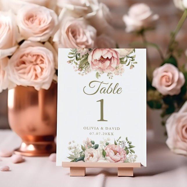 Peach pálido y número de tabla Boda rosa Rubor (Pale Peach and Blush Pink Wedding Table Number on blush and copper wedding table.)