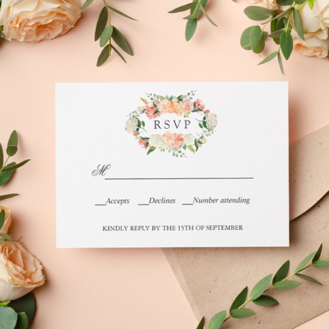 Peach Peach Peach Pink Botanding RSVP (Elegant resp card with serif font and peach pink peony flowers and leaves. Rustic chic floral)